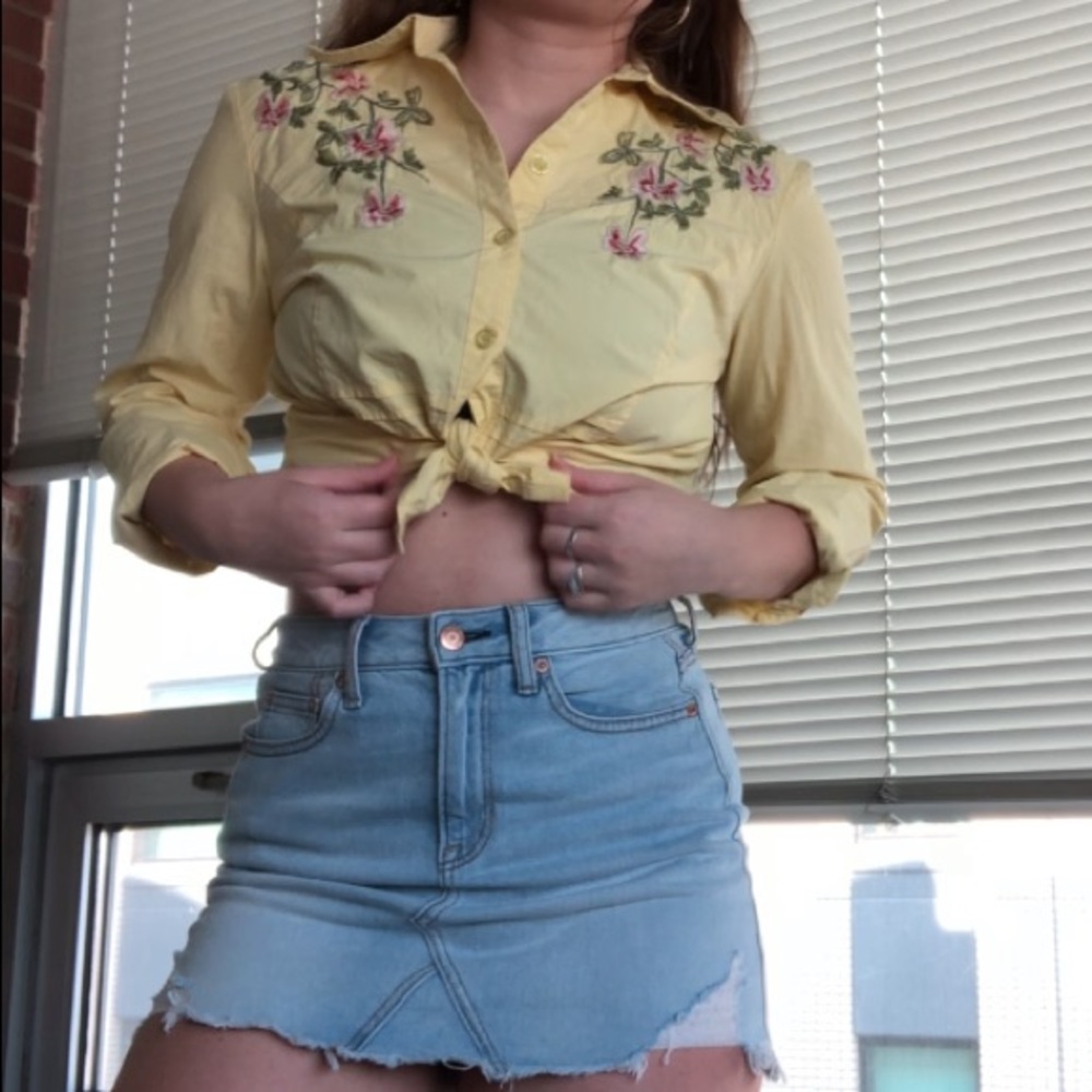 Yellow embroidered button down
